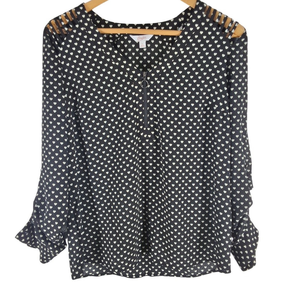 Candie's Heart Print Half Zip Blouse Black White Ladder Cutout Shoulder‎ Large